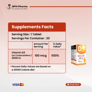 Support the foundation of your body with U.G.C. Vitamin D3. As an essential nutrient, Vitamin D3 plays a crucial role in overall health, and our high-potency 4000 IU tablets provide the daily support you need. It's a simple, fundamental step to ensure your bones receive the vital nourishment they require to stay strong and healthy for an active life. Key Benefits: Enhances Calcium Absorption: Vitamin D3 is vital for helping your body effectively absorb calcium from your diet, which is the primary building block for strong bones. Supports Bone Strength & Density: Consistent daily intake helps in maintaining healthy bone density and strength, which is crucial for your mobility and well-being as you age. Promotes Immune Health: Beyond bone health, Vitamin D3 is also known to play an important role in supporting a balanced and healthy immune system. "This product is a food supplement and is not intended to diagnose, treat, cure, or prevent any disease. Please consult your healthcare provider before use"