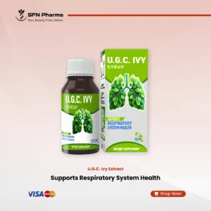 Experience the soothing power of nature with U.G.C. Ivy Syrup, a natural herbal formula designed to support the health of your respiratory system. Made with a high-quality blend of Ivy Leaf, Thyme, and Licorice extracts, this comforting syrup is ideal for maintaining clear and comfortable airways, especially during seasonal changes. Key Benefits: Soothes the Throat & Airways: Our gentle formula coats and soothes the throat and respiratory tract, helping to calm feelings of irritation. Supports Clear Airways: Ivy Leaf extract is traditionally known to help loosen phlegm and support the body's natural process of clearing airways. Promotes Respiratory Wellness: Contains botanical ingredients like Licorice and Thyme that support the body's natural defenses and contribute to overall respiratory health. “This product is a dietary supplement and is not intended to diagnose, treat, cure, or prevent any disease. Please consult your healthcare provider before use”