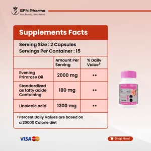 ROZICHIKA: Find Your Natural Balance ROZICHIKA is a natural dietary supplement for women that contains 2000 mg of Evening Primrose Oil. It's a key source of essential fatty acids like Gamma Linolenic Acid (GLA) and Linolenic Acid, which your body can't produce on its own. Every two-capsule serving provides a standardized dose of 180 mg of GLA and 1300 mg of Linolenic Acid to support your overall health. Why ROZICHIKA? Hormonal Support: ROZICHIKA helps support women’s hormonal balance. PMS Relief: It may help reduce common PMS symptoms such as mood swings, bloating, and breast tenderness. Skin Health: The essential fatty acids help support healthy skin and may reduce dryness and inflammation. Joint Comfort: This supplement also contributes to joint flexibility and comfort, supporting your active lifestyle. How to Use: Take two soft gelatin capsules daily with a glass of water. Do not exceed the recommended daily allowance.  "This product is not intended to diagnose, treat, cure, or prevent any disease and is not considered a replacement for a balanced nutritional diet or a healthy lifestyle. If you are pregnant, nursing, have a medical condition, or are taking any medications, consult your doctor before use"