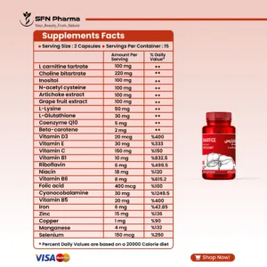 SHARTICE دفاع متكامل لحماية خلايا الكبد استراتيجية متطورة لمضادات الأكسدة لتعزيز حيوية الكبد ودعم التمثيل الغذائي الركائز الأساسية الثلاث :  🔄 تنقية السموم (Detoxification) (بدعم من الـ NAC، الجلوتاثيون، ومستخلص الخرشوف) ⚡ طاقة الميتوكوندريا (Mitochondrial Energy) (بدعم من الكوإنزيم Q10 وإل-كارنيتين) 🛡️ درع مضاد للأكسدة (Oxidative Shield) (بدعم من السيلينيوم، الزنك، وفيتامين سي) "جدد حيوية الكبد.. واستعد طاقتك." تركيبة تكاملية لوظائف كبد مثالية مصفوفة حماية الكبد وتنقية السموم: صُممت لدعم مسارات إزالة السموم (Phase I & II Detoxification) وتعزيز تدفق الصفراء. ن-أستيل سيستين (100 مجم) وجلوتاثيون (30 مجم):  لتخليق الجلوتاثيون داخل الخلايا، وهو عنصر أساسي لمعادلة السموم والشوارد الحرة (ROS). مستخلص الخرشوف (100 مجم): يدعم إفراز الصفراء (Choleretic activity) ويحسن هضم الدهون. كولين (220 مجم) وإينوزيتول (100 مجم): عوامل مذيبة للدهون (Lipotropic agents) تساعد في نقل الدهون من الكبد ومنع تراكمها. تعزيز التمثيل الغذائي والطاقة: رفع كفاءة الميتوكوندريا في إنتاج الطاقة (ATP) ومحاربة الإجهاد. إل-كارنيتين (100 مجم): يسهل نقل الأحماض الدهنية لحرقها وإنتاج الطاقة (Beta-oxidation). كوإنزيم Q10 (5 مجم): حيوي جداً لسلسلة نقل الإلكترون والتنفس الخلوي. دعم شامل مضاد للأكسدة: نظام دفاعي واسع المدى ضد الإجهاد التأكسدي. مستخلص الجريب فروت (100 مجم): مصدر طبيعي للبيوفلافونويد. عناصر نادرة قوية: سيلينيوم (150 ميكروجرام)، زنك (15 مجم)، وفيتامينات (C, E) وبيتا كاروتين. الجرعة وطريقة الاستخدام: الجرعة الموصى بها: 2 قرص يومياً للبالغين، أو حسب إرشادات الطبيب. الشكل الصيدلي: عبوة تحتوي على 60 قرص مغلف. رقم التسجيل بالهيئة القومية لسلامة الغذاء: 2024/11221. موانع الاستخدام: الحمل، الرضاعة، تاريخ مرضي لسرطان الجلد غير الميلانيني، أو اضطرابات الغدة الدرقية (بدون استشارة طبية).