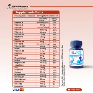 U.G.C MAN: Your Key to a Life of Power and Vitality.  Unleash Your Full Potential Today!  Multivitamin and Mineral Dietary Supplement For Men. 30 Film-Coated Tablets of Daily Energy.  Supports Immune System Health and Muscles Health 🌟 3 Direct Benefits You Will Feel Immediately with U.G.C MAN  This product is specifically designed to support your needs as a man striving for excellence and achievement: 1-Renewed Energy for Your Daily Tasks (Energy & Metabolism):  Say goodbye to fatigue and lethargy!  The product supports metabolism and energy production, enhancing daily activity 2-Exceptional Immunity to Face Challenges (Immunity):  Make your immune system an invincible shield to stay in perfect health all year round.  Supports immune system health 3-Comprehensive Health and Muscle Support:  An integrated formula of multivitamins and essential minerals that a man's body needs Supports muscles health U.G.C MAN is Your Investment in Your Health and Performance Formula: Film Coated Tablets  Dosage: For adults, take one (1) tablet daily.  Storage: Keep out of reach of children.