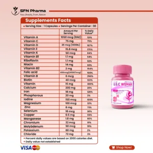 U.G.C WOMAN: سر إشراقك وحيويتك أطلقي العنان لأفضل ما فيكِ اليوم! مكمل غذائي من الفيتامينات والمعادن المتعددة - مخصص للسيدات. العبوة: 30 قرصاً مغلفاً. لدعم جمالك ونشاطك؛ يدعم صحة الجهاز المناعي وصحة العضلات. 🌟 3 فوائد مباشرة ستشعرين بها مع U.G.C WOMAN هذا المنتج مصمم خصيصاً ليتناغم مع طبيعة جسمك، ويمنحك التوازن المثالي بين الصحة والجمال: طاقة متجددة وحيوية مستمرة (الطاقة والتمثيل الغذائي): تغلبي على الإجهاد وعيشي يومك بكامل نشاطك! يدعم المنتج عملية التمثيل الغذائي لإنتاج الطاقة اللازمة لمهامك المتعددة. مناعة قوية لحماية أكيدة (المناعة): عززي دفاعات جسمك الطبيعية لتظلي في كامل صحتك. تركيبة تدعم صحة الجهاز المناعي بفعالية. مظهر صحي وإشراقة مميزة (المظهر الصحي): لأن جمالك يبدأ من الداخل. توفر التركيبة العناصر الغذائية الأساسية التي تدعم المظهر الصحي العام للمرأة، بالإضافة إلى دعم صحة العضلات. U.G.C WOMAN هو روتينك اليومي للعناية المتكاملة الشكل الدوائي: أقراص مغلفة. الجرعة: للبالغين، يتم تناول قرص واحد (1) يومياً. تنبيه هام: لا يستخدم أثناء فترة الحمل أو الرضاعة الطبيعية. الحفظ والتخزين: يُحفظ في مكان جاف وبارد (أقل من 30 درجة مئوية) بعيداً عن متناول الأطفال.